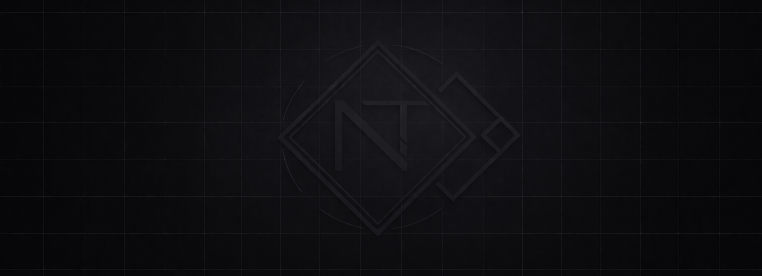 Fond visuel NoxTek pour le footer avec grille sombre et monogramme technique discret