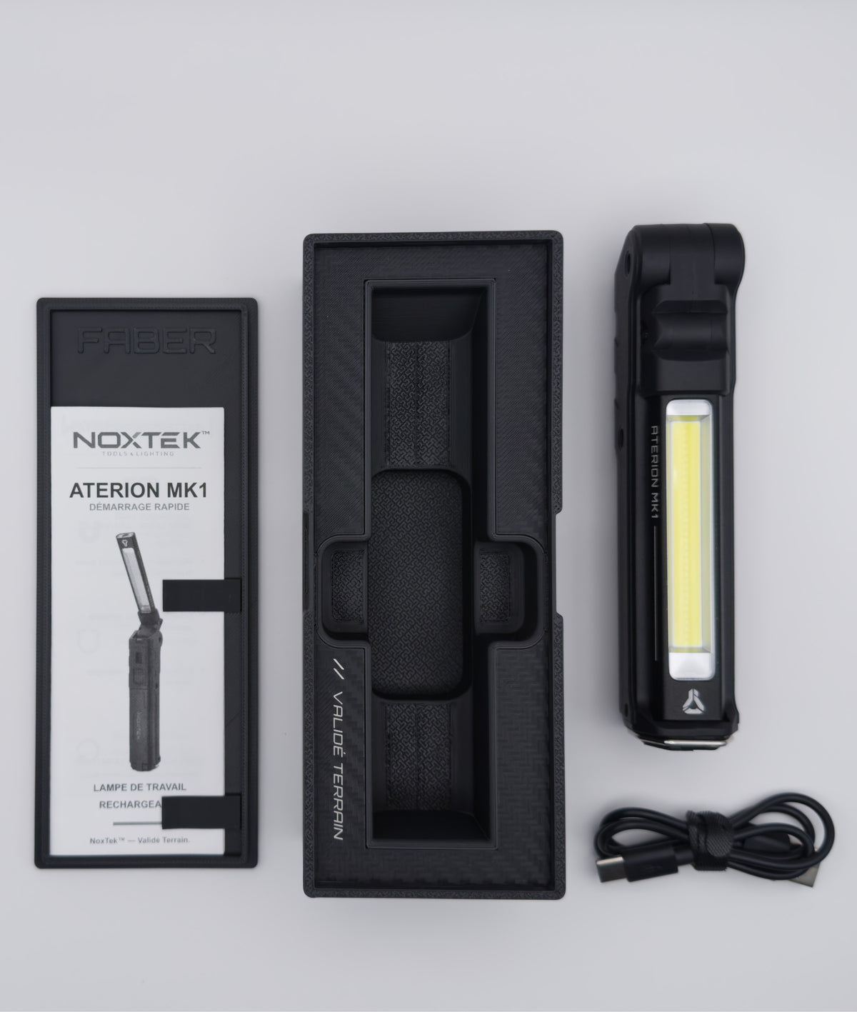 Aterion MK1 presented in its NoxTek FABER packaging with Quick Start guide
